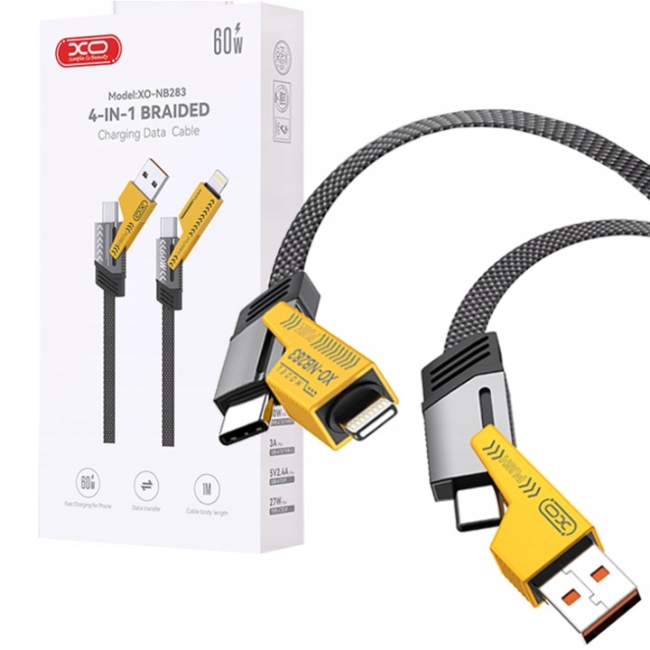 XO kabel 4w1 USB-C - do iPhone + USB + USB-C 60W 1,0m szary